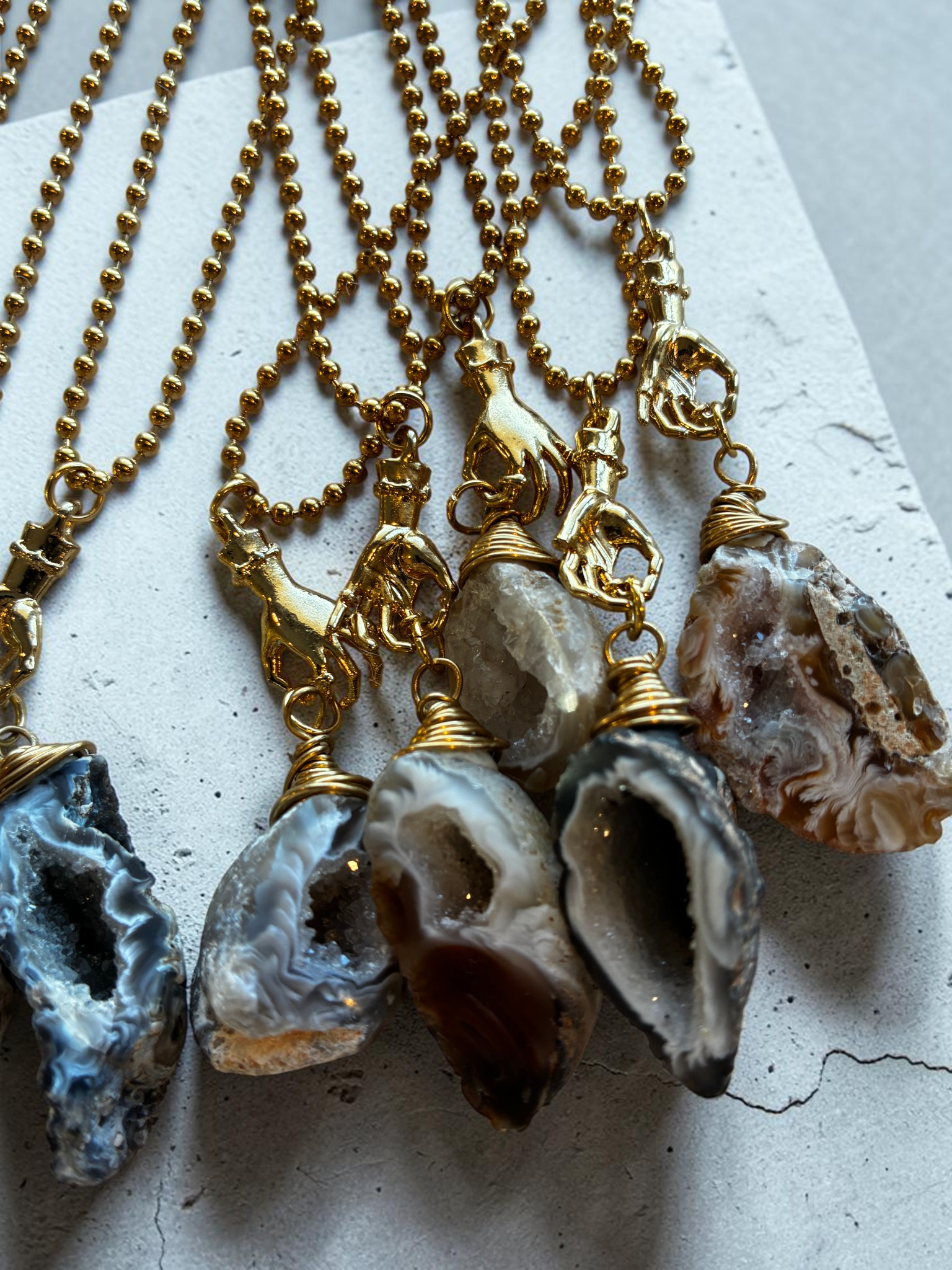 Raw Agate Crystal Pendant Necklace with Gold (Stainless Steel) Hand Charm