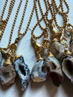 Raw Agate Crystal Pendant Necklace with Gold (Stainless Steel) Hand Charm