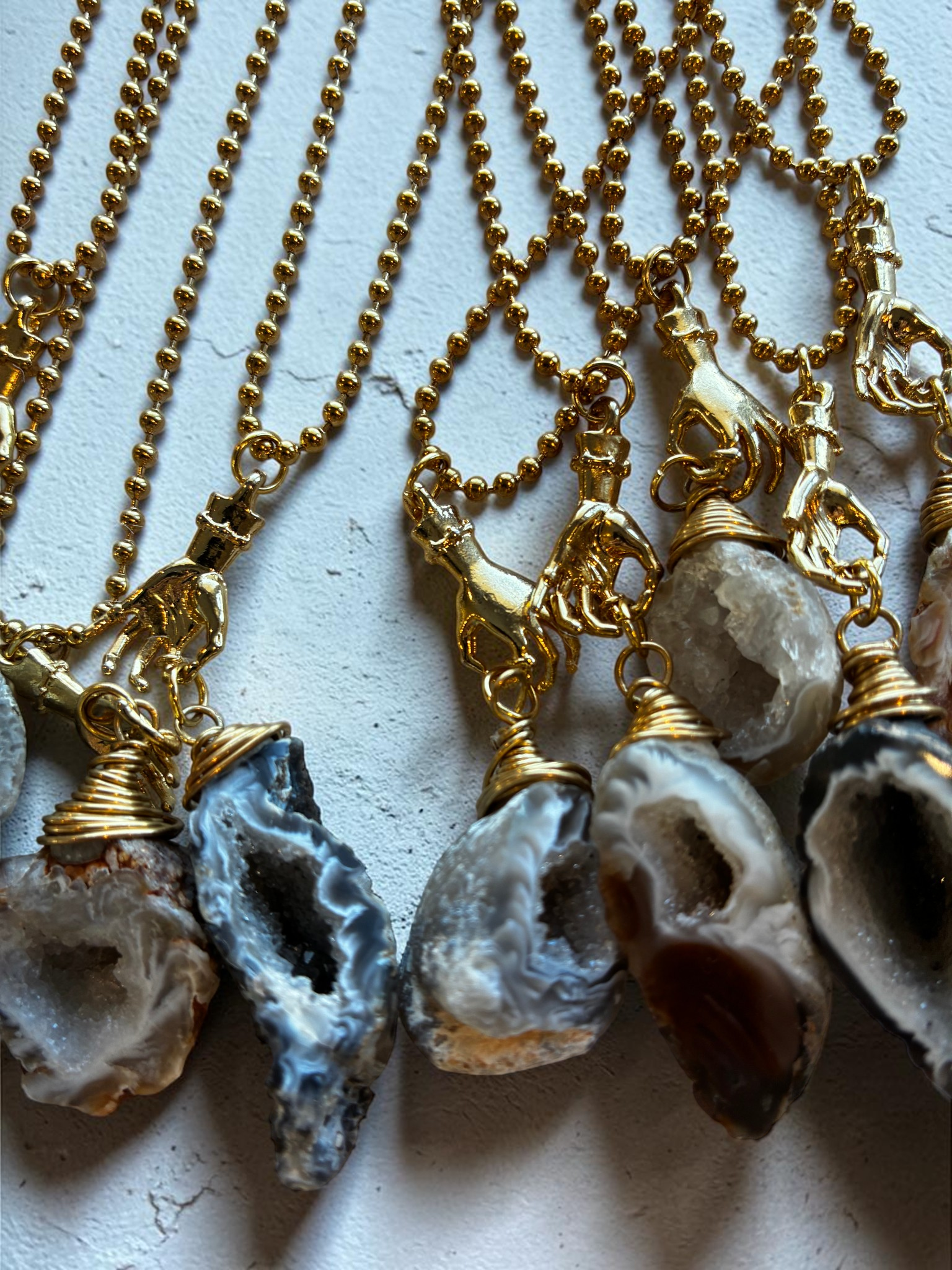 Raw Agate Crystal Pendant Necklace with Gold (Stainless Steel) Hand Charm