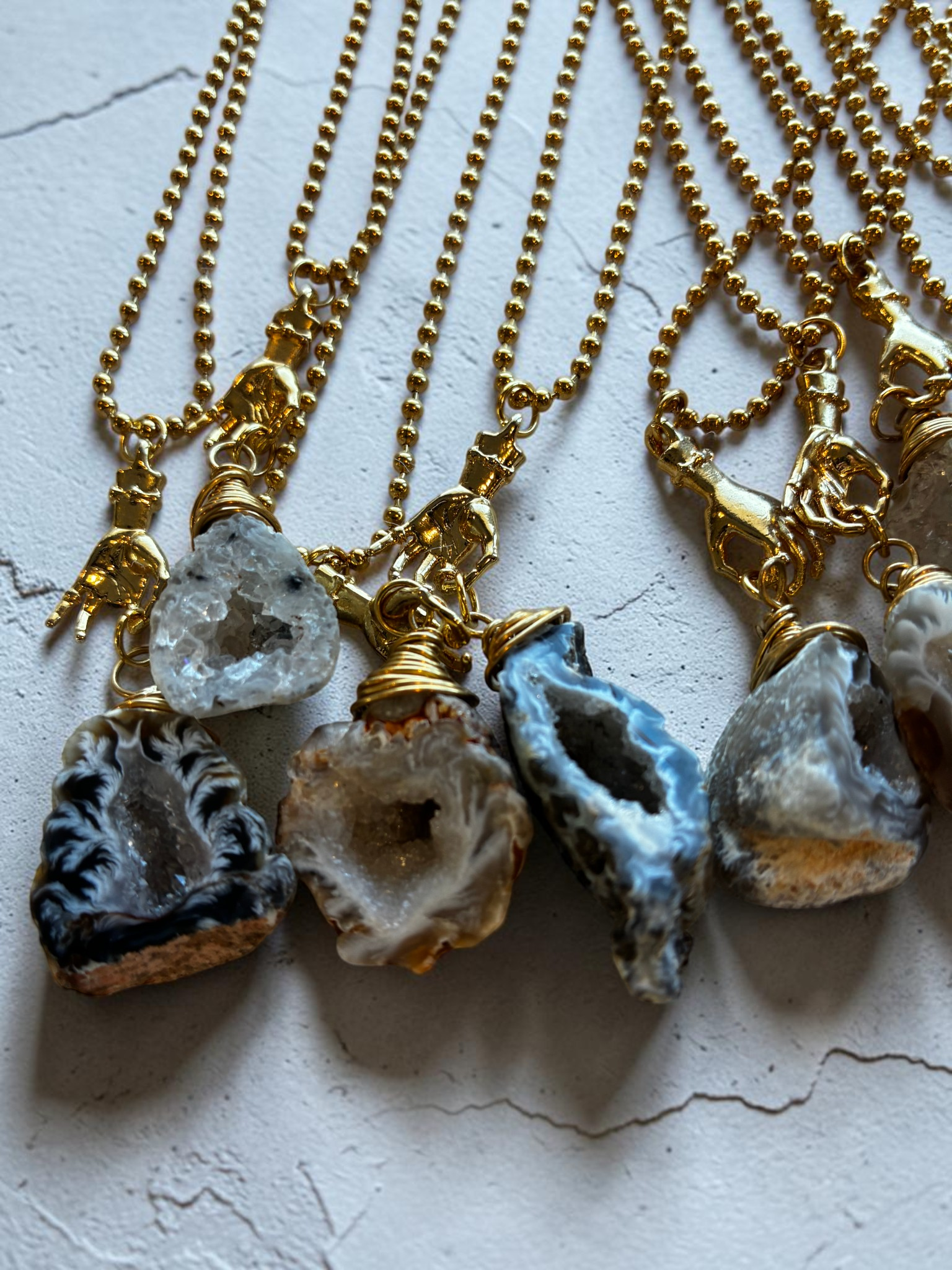 Raw Agate Crystal Pendant Necklace with Gold (Stainless Steel) Hand Charm