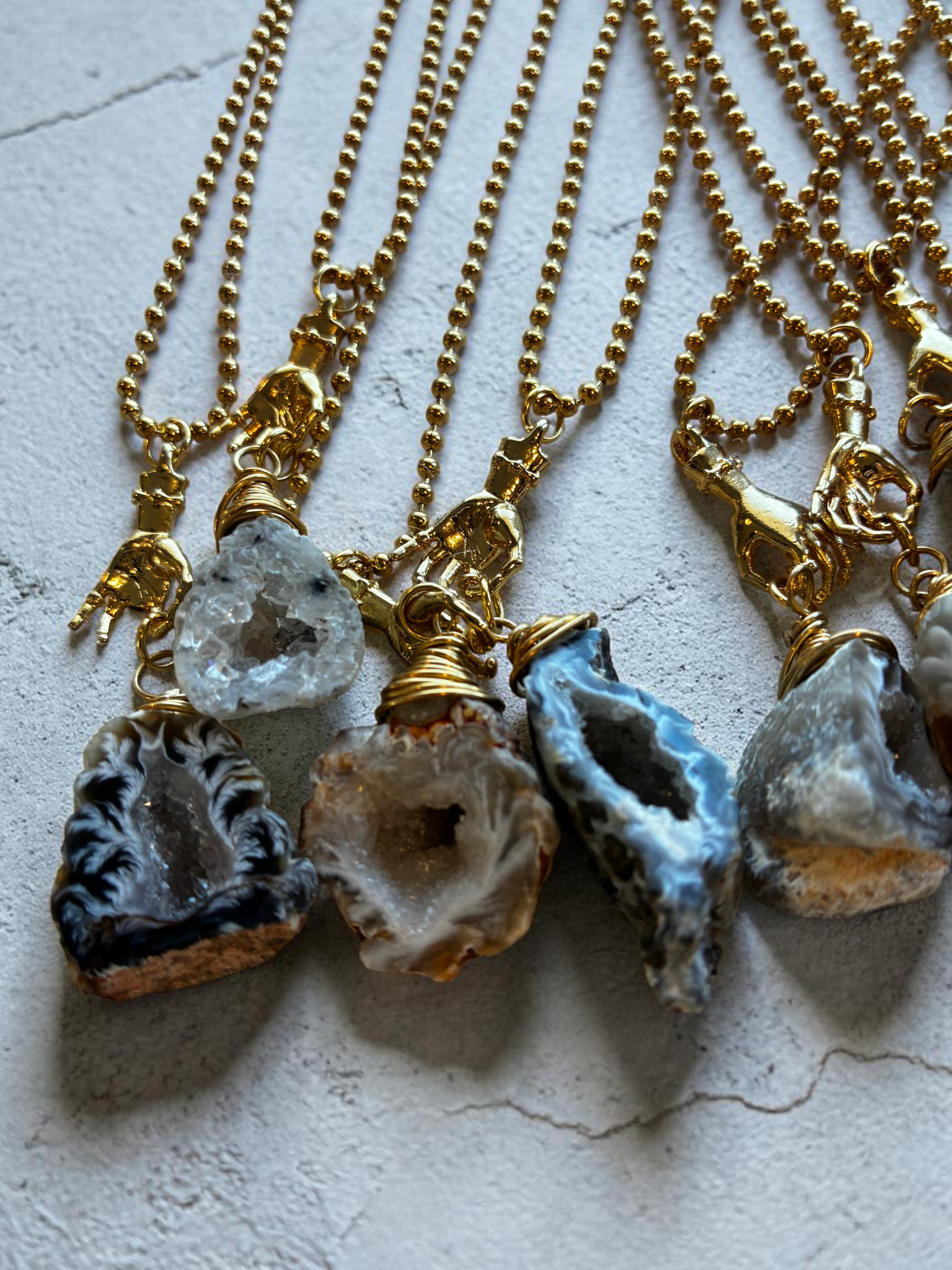 Raw Agate Crystal Pendant Necklace with Gold (Stainless Steel) Hand Charm