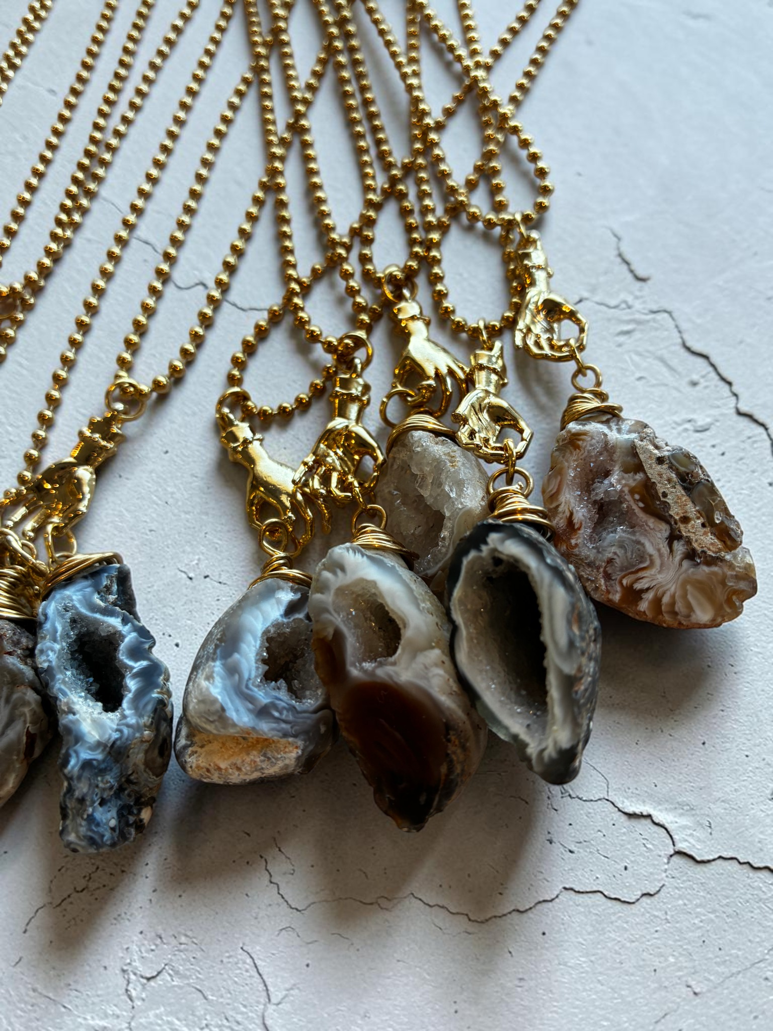 Raw Agate Crystal Pendant Necklace with Gold (Stainless Steel) Hand Charm