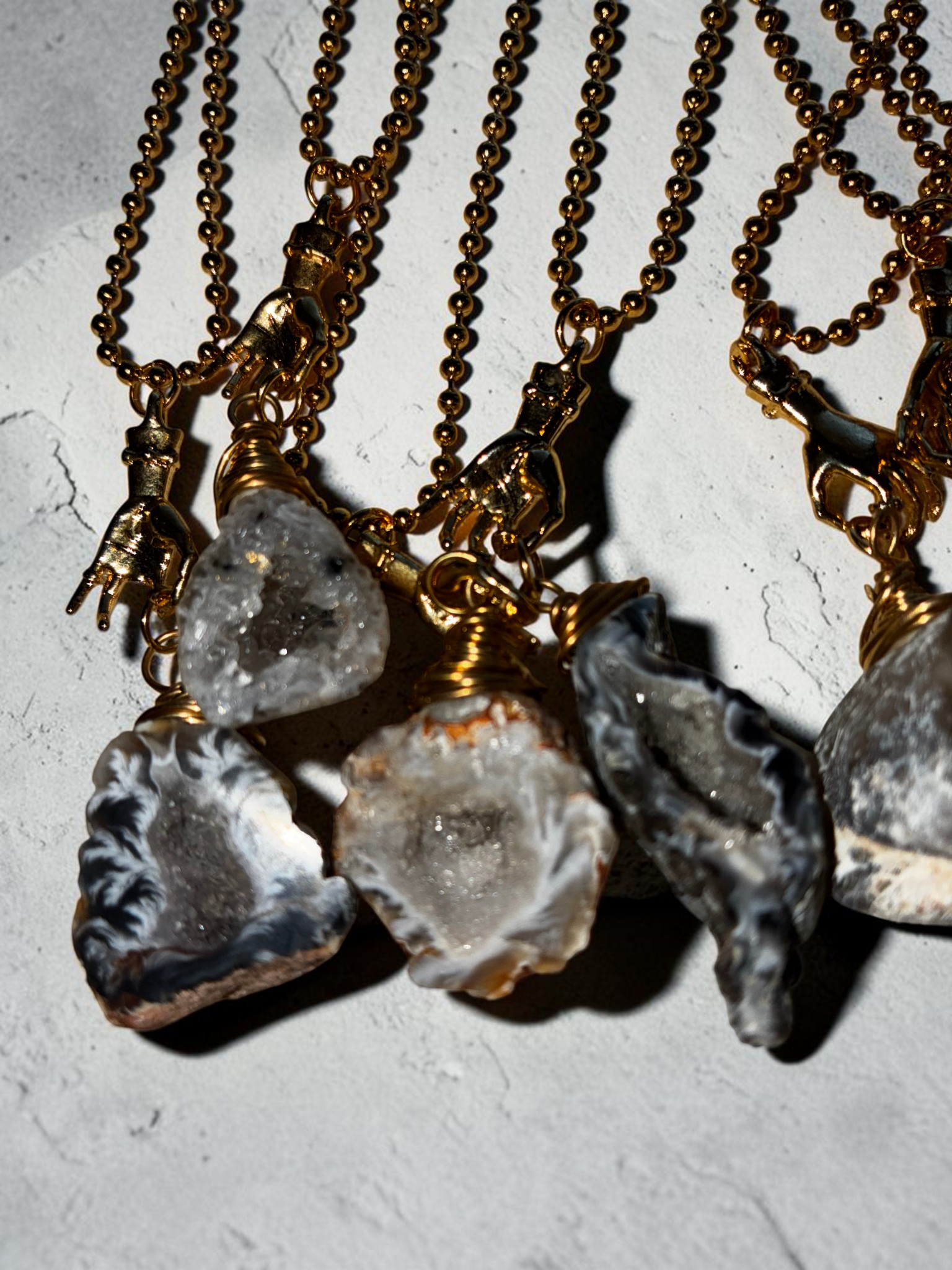 Raw Agate Crystal Pendant Necklace with Gold (Stainless Steel) Hand Charm