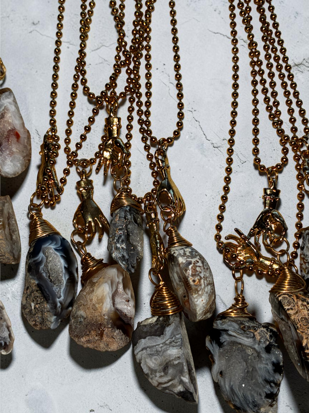 Raw Agate Crystal Pendant Necklace with Gold (Stainless Steel) Hand Charm