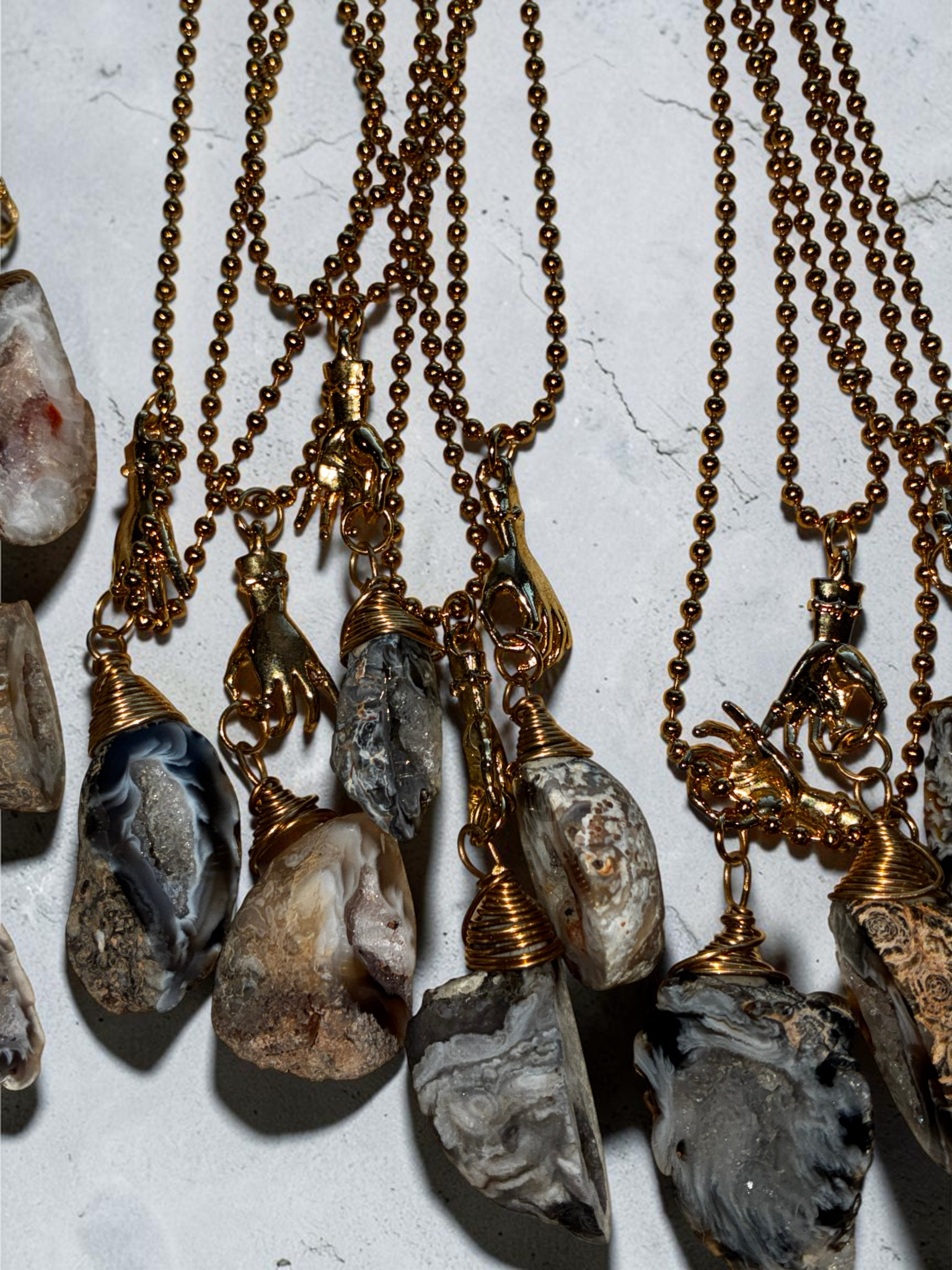 Raw Agate Crystal Pendant Necklace with Gold (Stainless Steel) Hand Charm