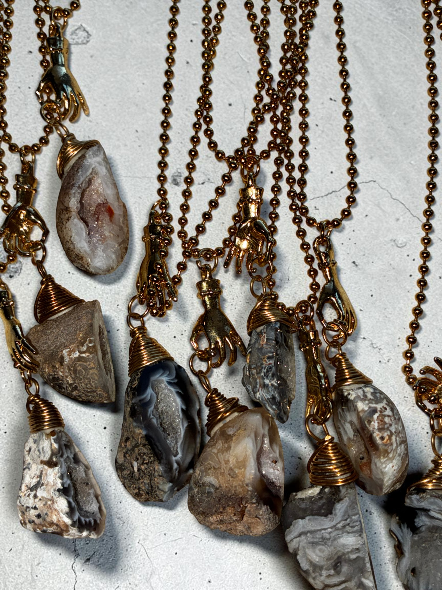 Raw Agate Crystal Pendant Necklace with Gold (Stainless Steel) Hand Charm