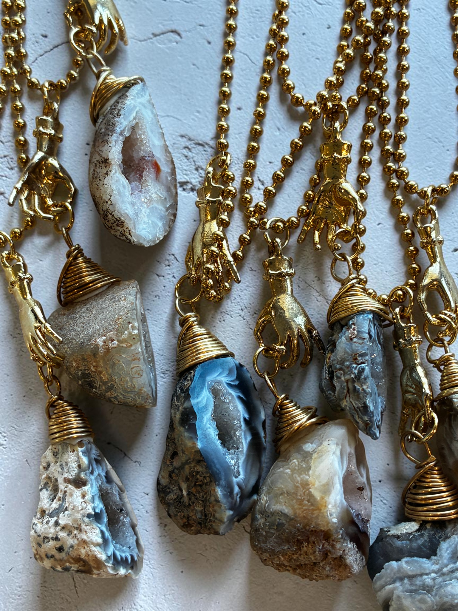 Raw Agate Crystal Pendant Necklace with Gold (Stainless Steel) Hand Charm