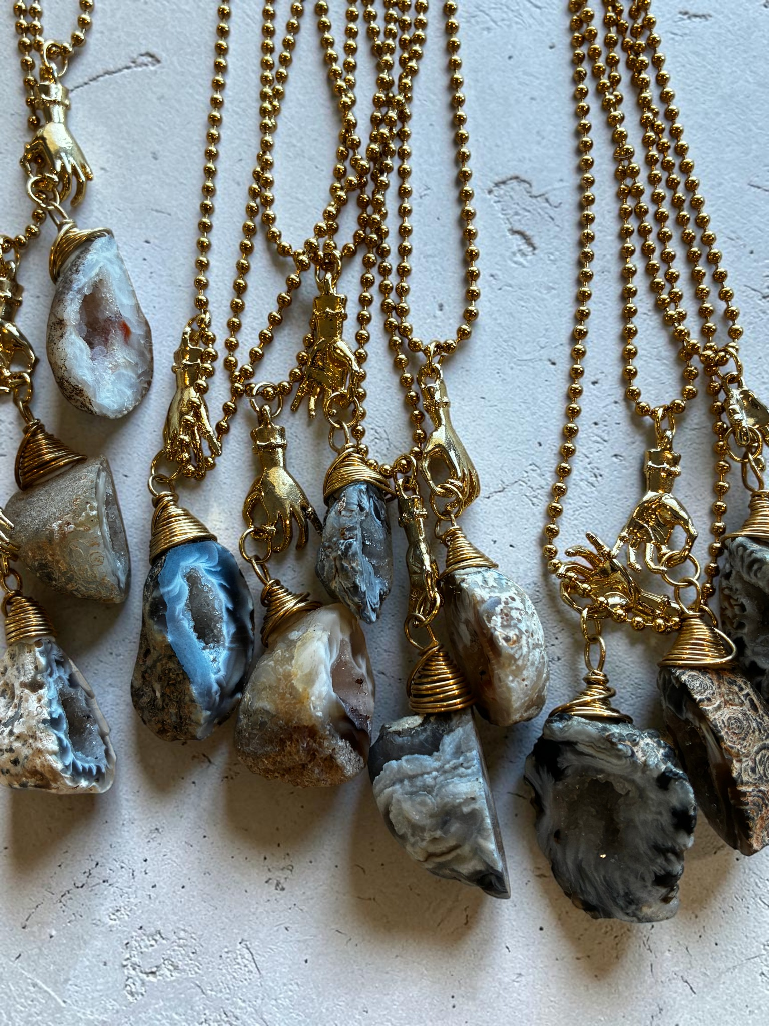 Raw Agate Crystal Pendant Necklace with Gold (Stainless Steel) Hand Charm