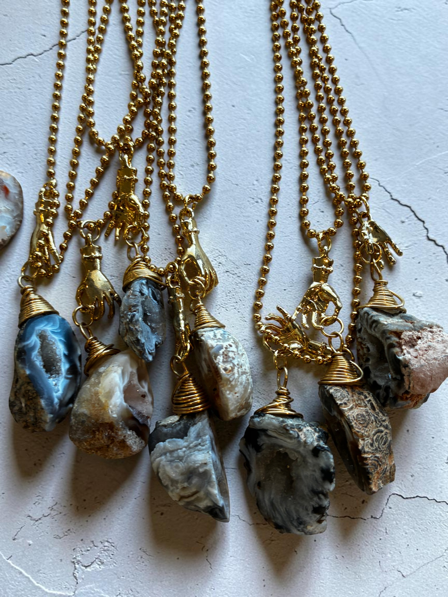 Raw Agate Crystal Pendant Necklace with Gold (Stainless Steel) Hand Charm