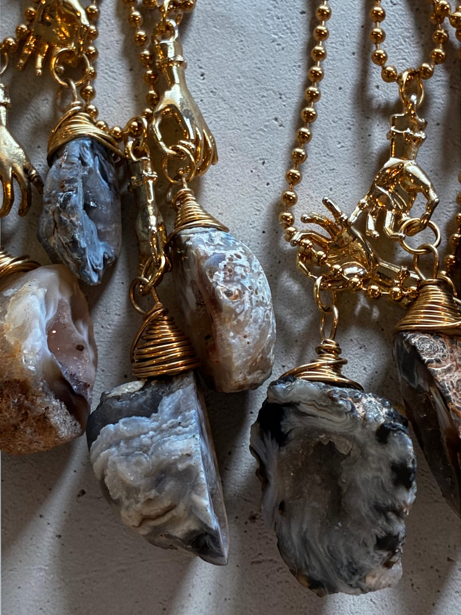 Raw Agate Crystal Pendant Necklace with Gold (Stainless Steel) Hand Charm