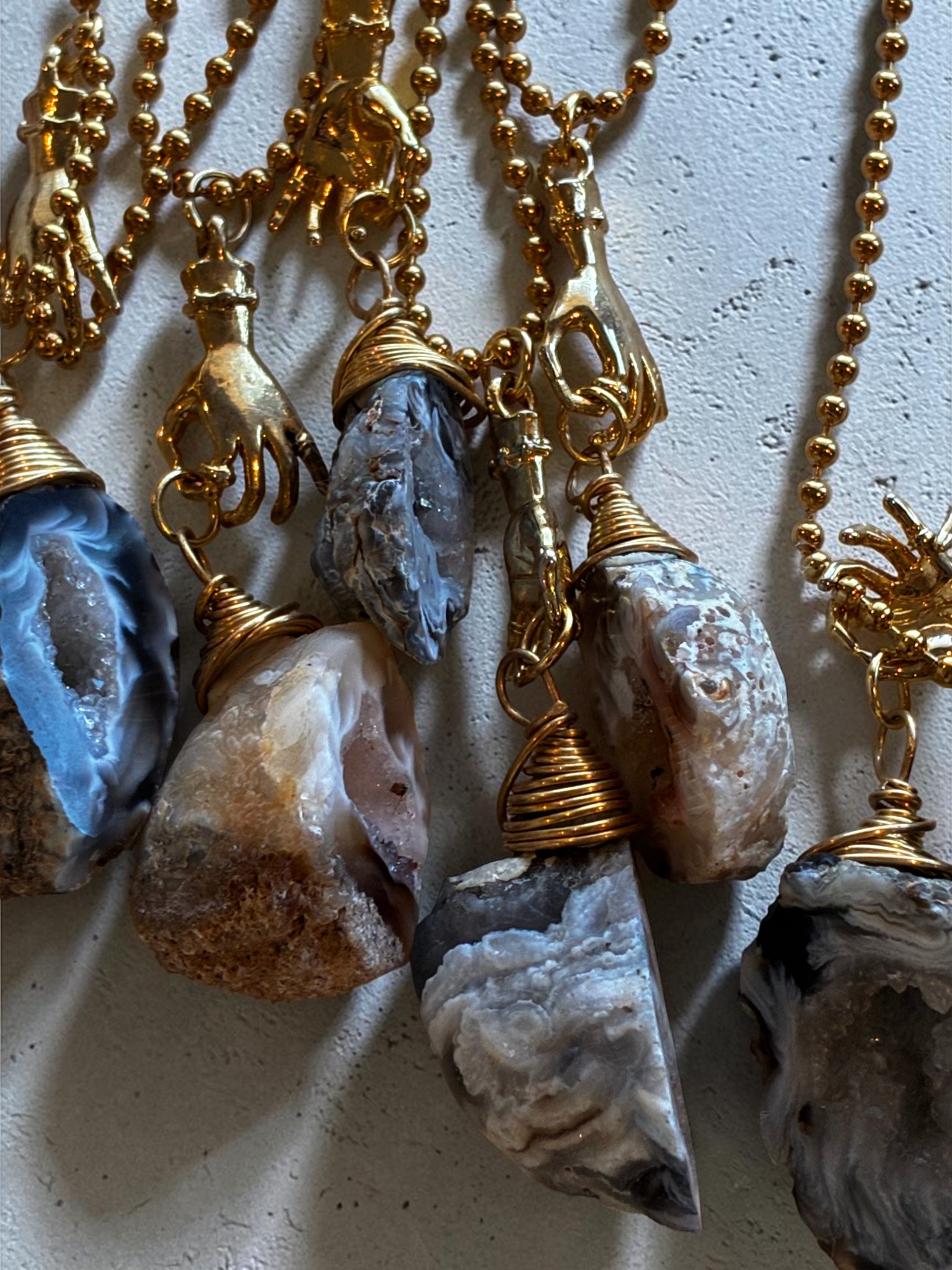 Raw Agate Crystal Pendant Necklace with Gold (Stainless Steel) Hand Charm