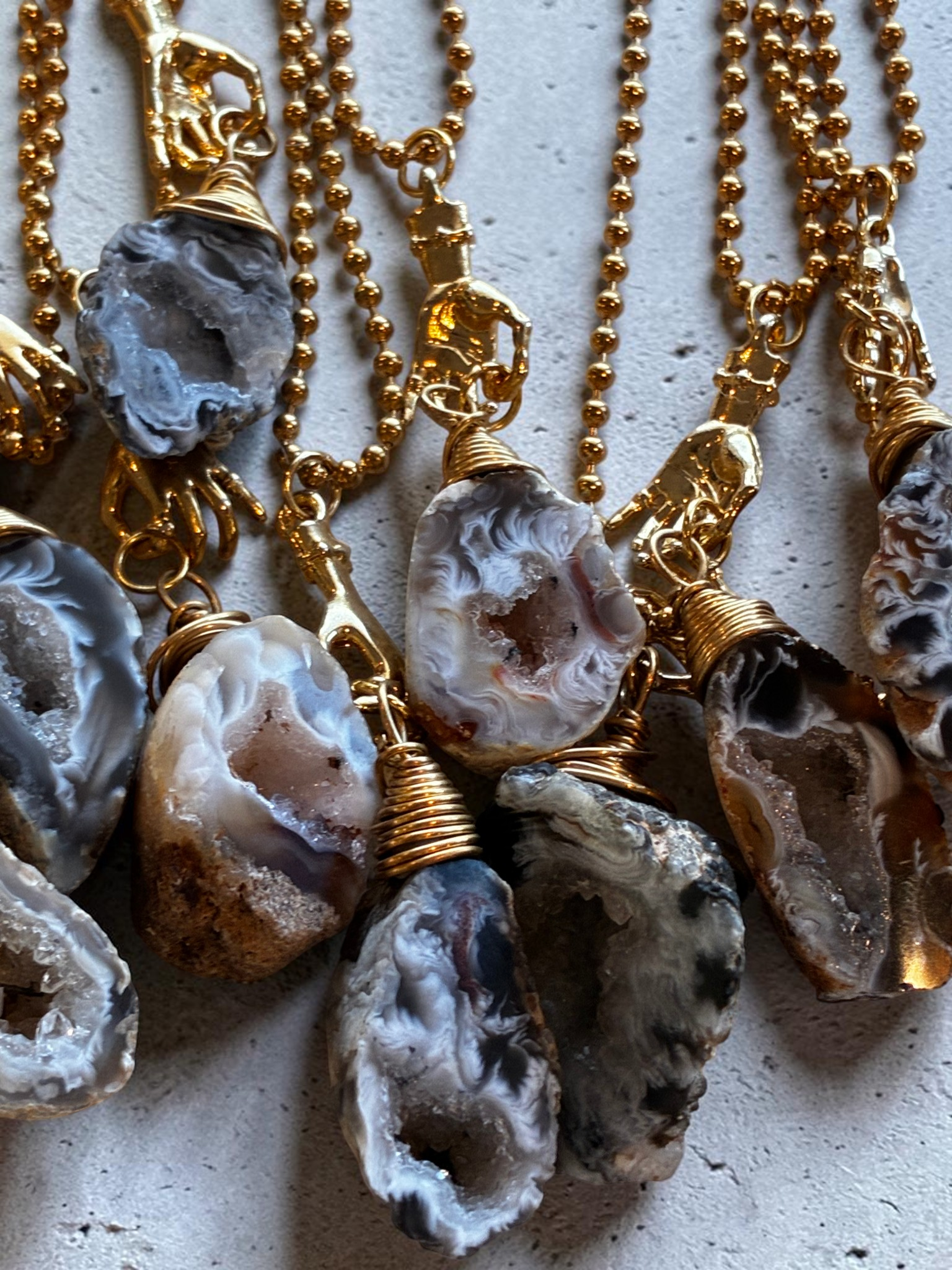 Raw Agate Crystal Pendant Necklace with Gold (Stainless Steel) Hand Charm