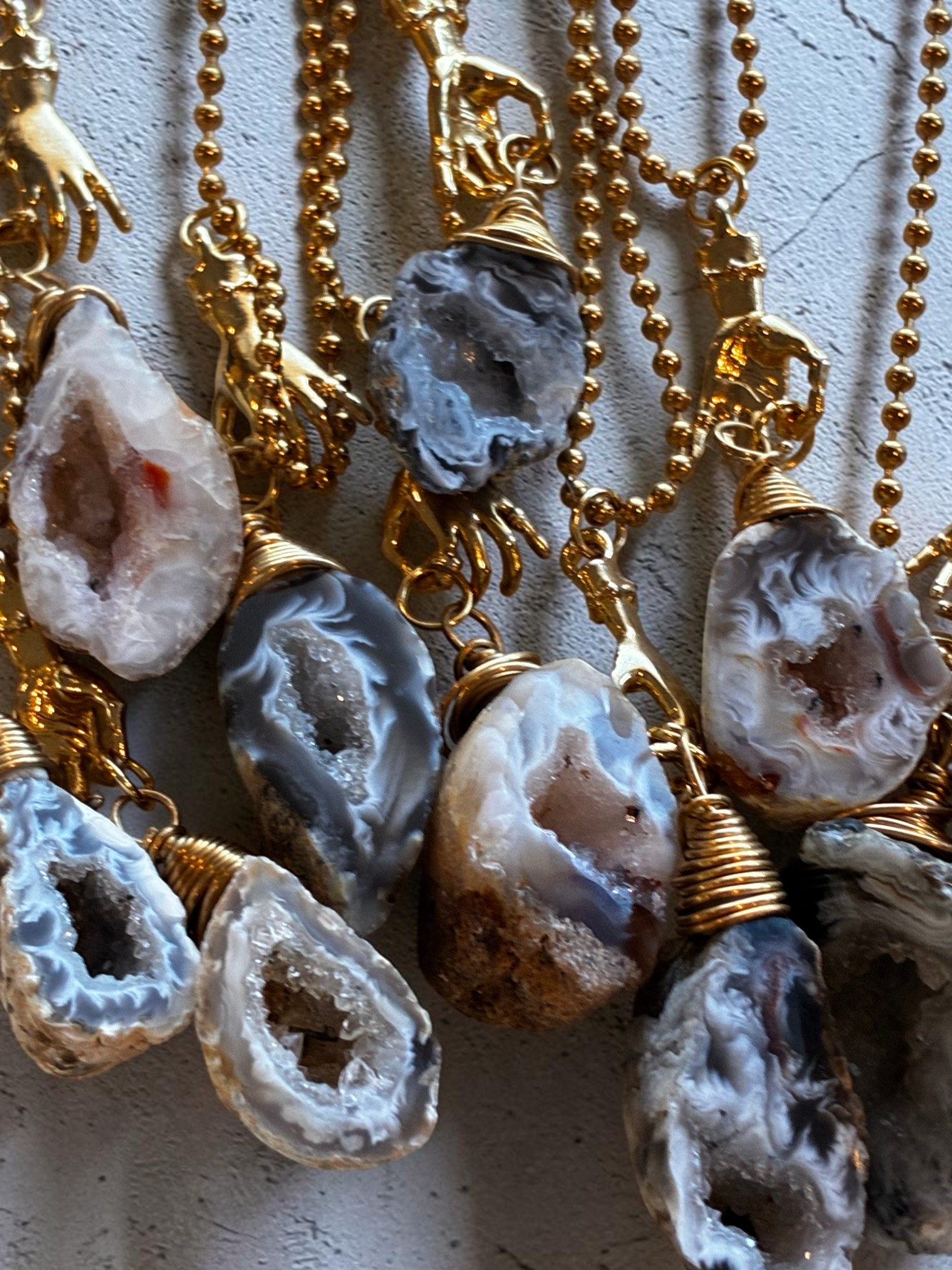 Raw Agate Crystal Pendant Necklace with Gold (Stainless Steel) Hand Charm