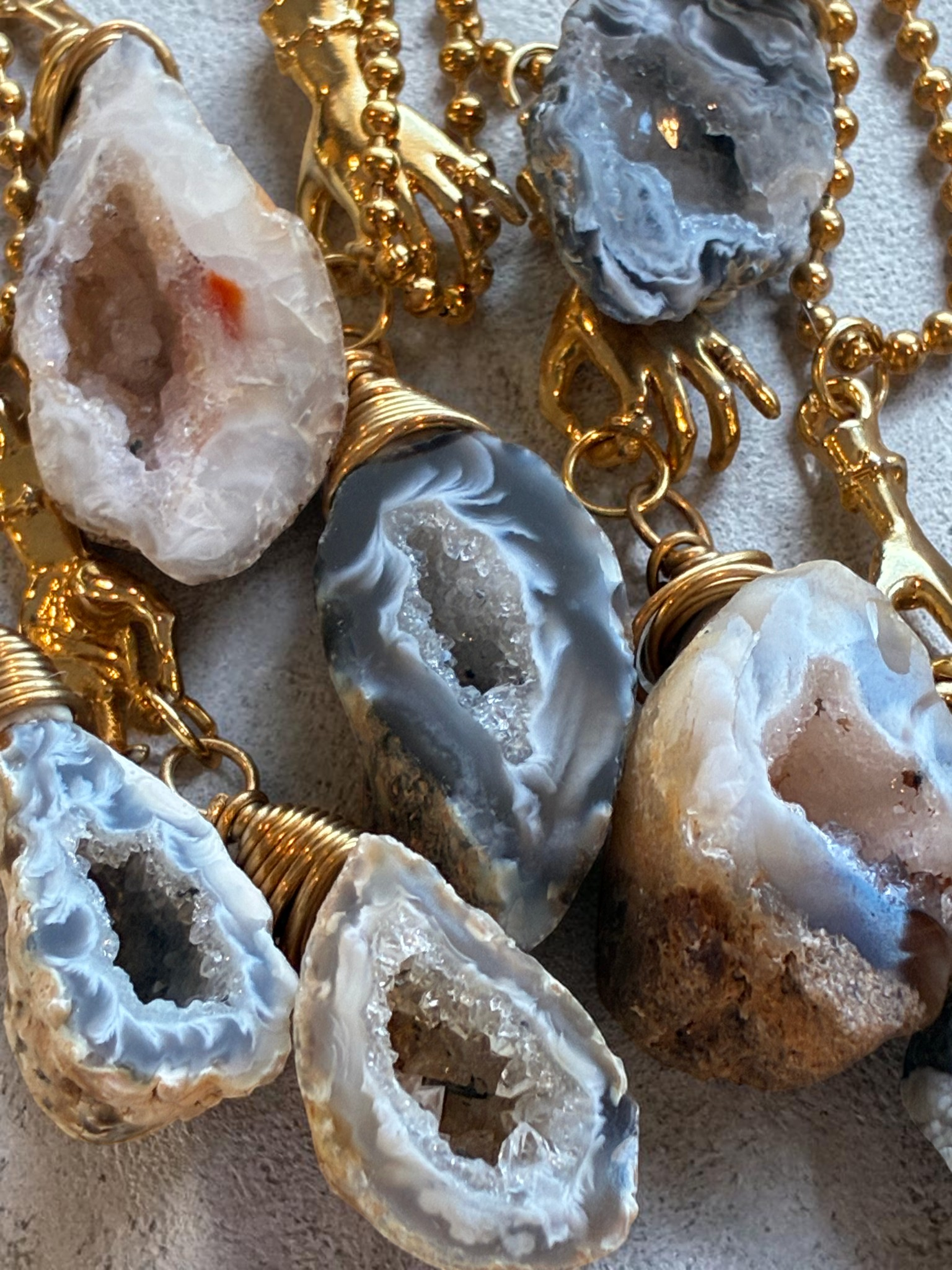 Raw Agate Crystal Pendant Necklace with Gold (Stainless Steel) Hand Charm