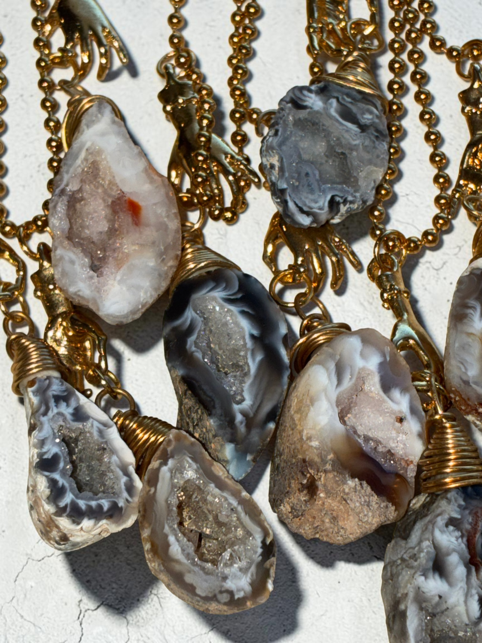 Raw Agate Crystal Pendant Necklace with Gold (Stainless Steel) Hand Charm