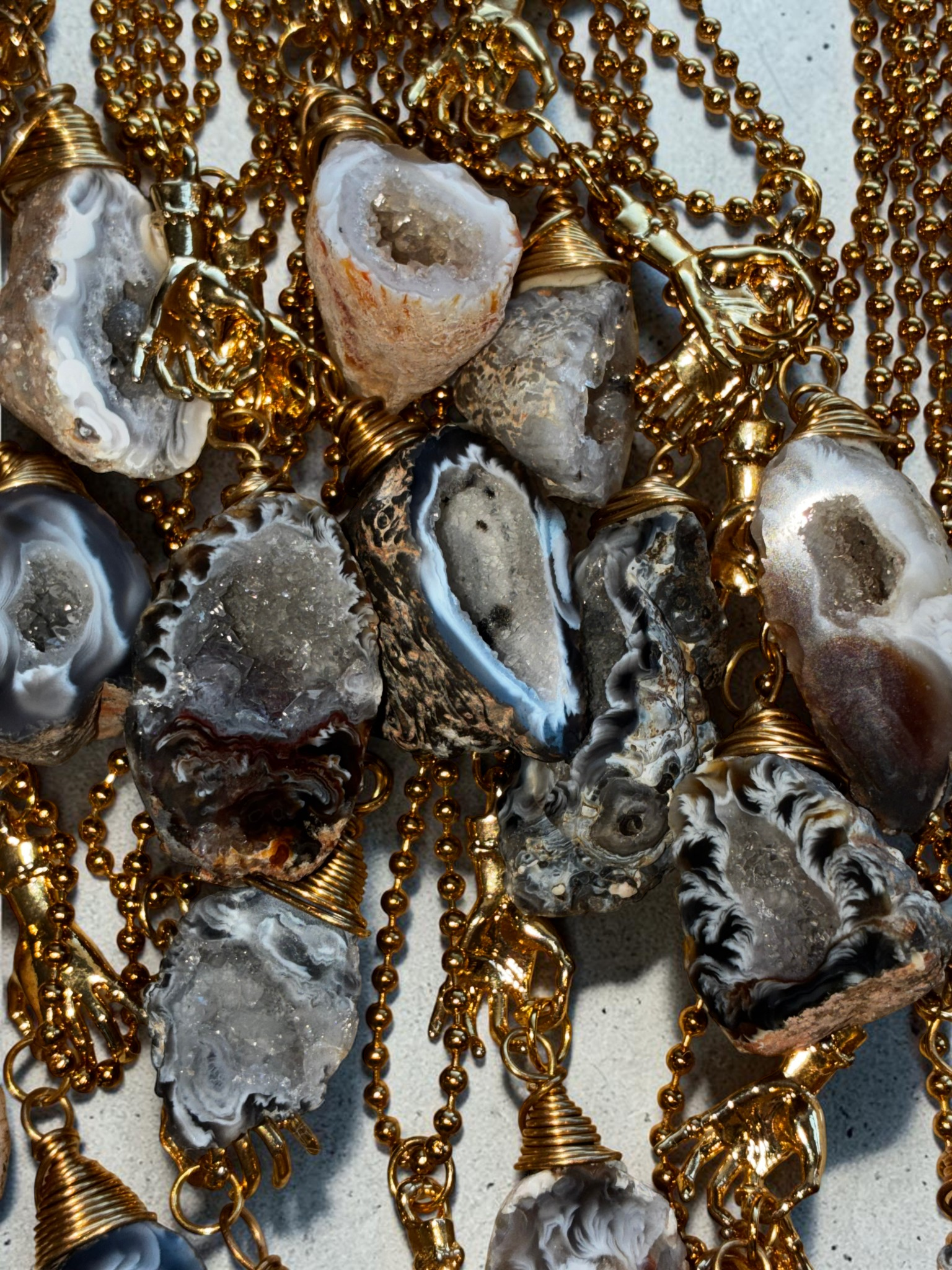 Raw Agate Crystal Pendant Necklace with Gold (Stainless Steel) Hand Charm