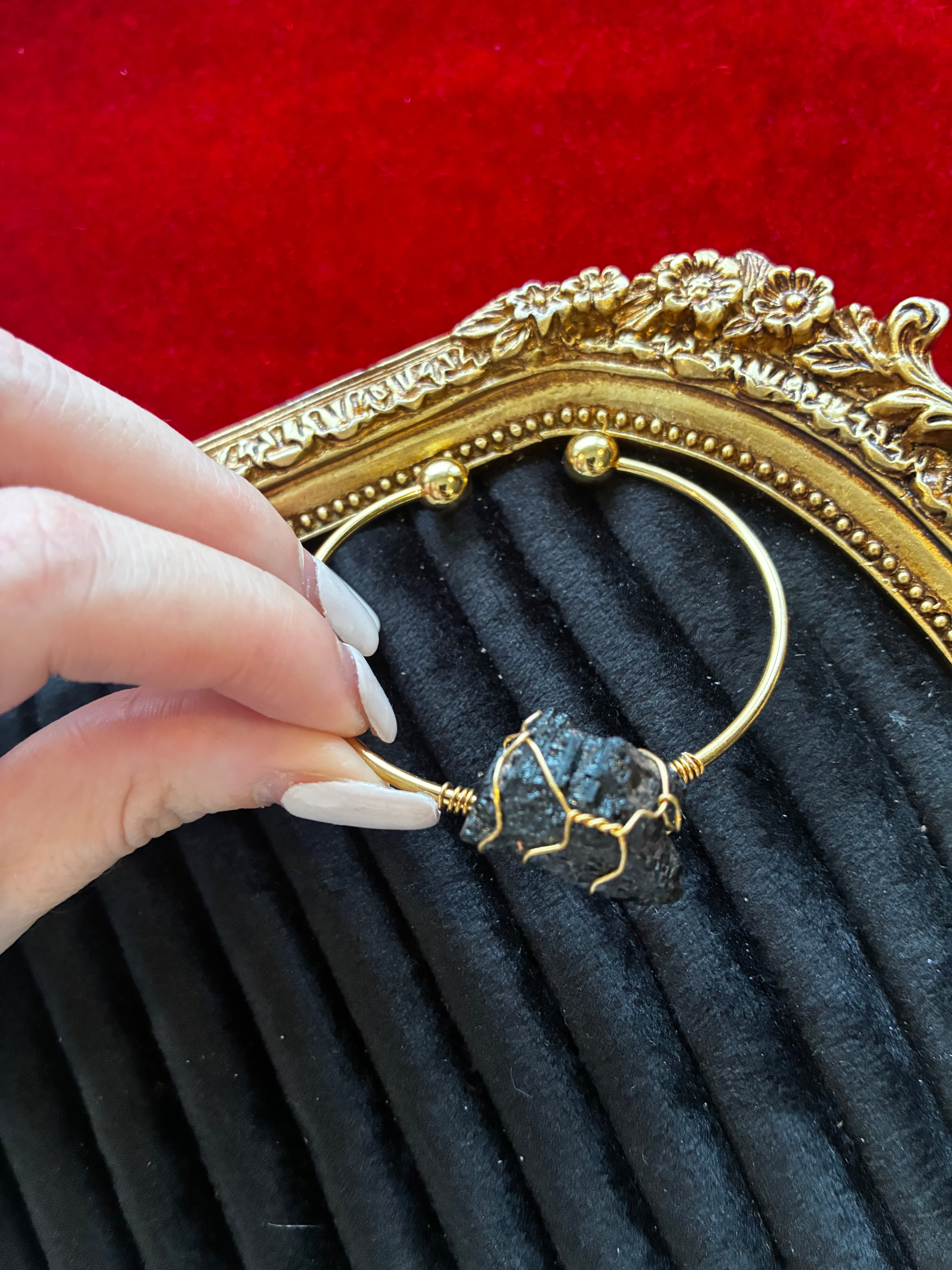 Raw Black Tourmaline Bracelet – Protection Stone Cuff – Gold Stainless Steel Bangle
