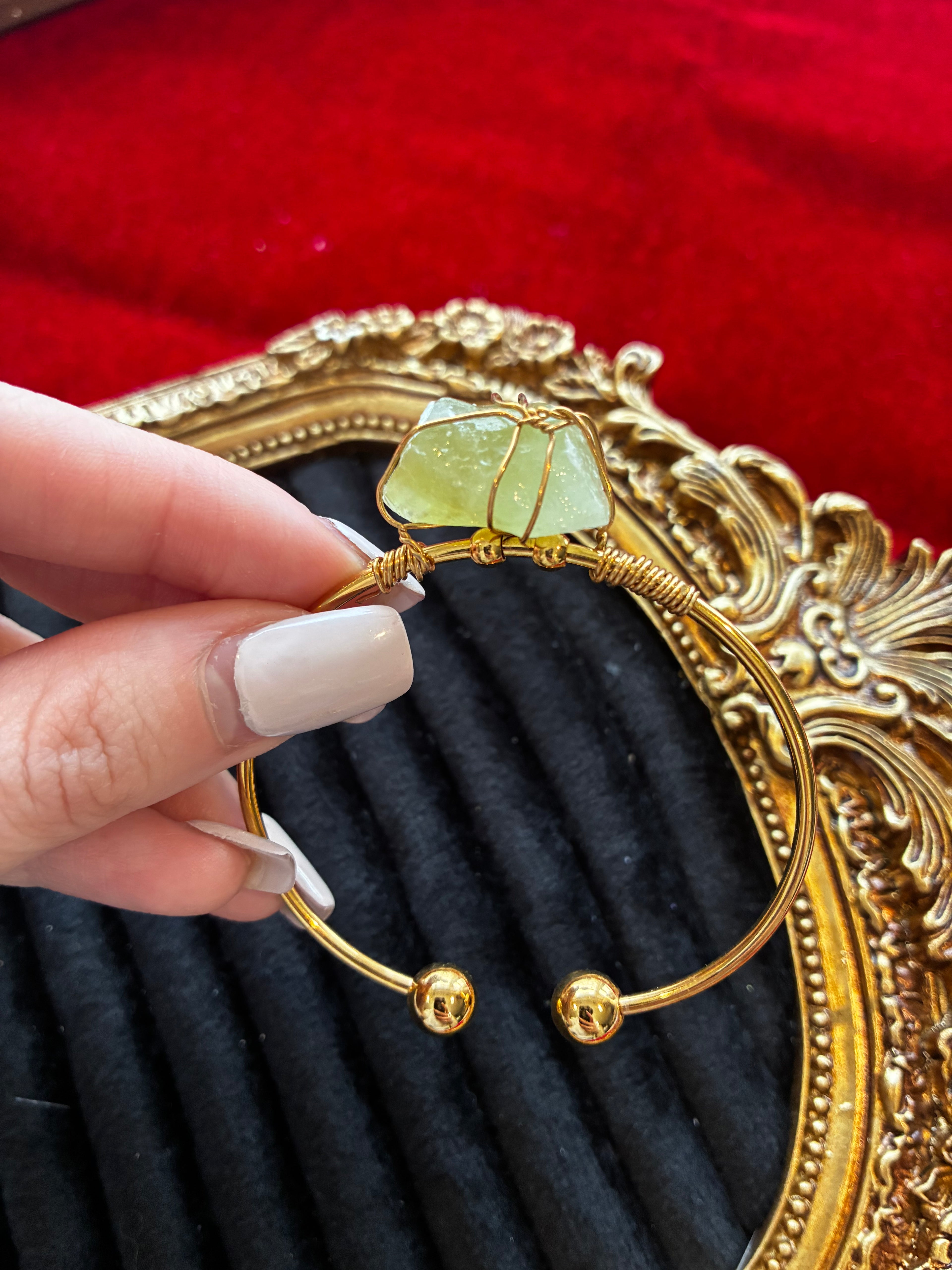 Raw Green Calcite Bracelet – Natural Lime Green Crystal Cuff – Gold Stainless Steel Bangle – Renewal & Heart Healing Stone