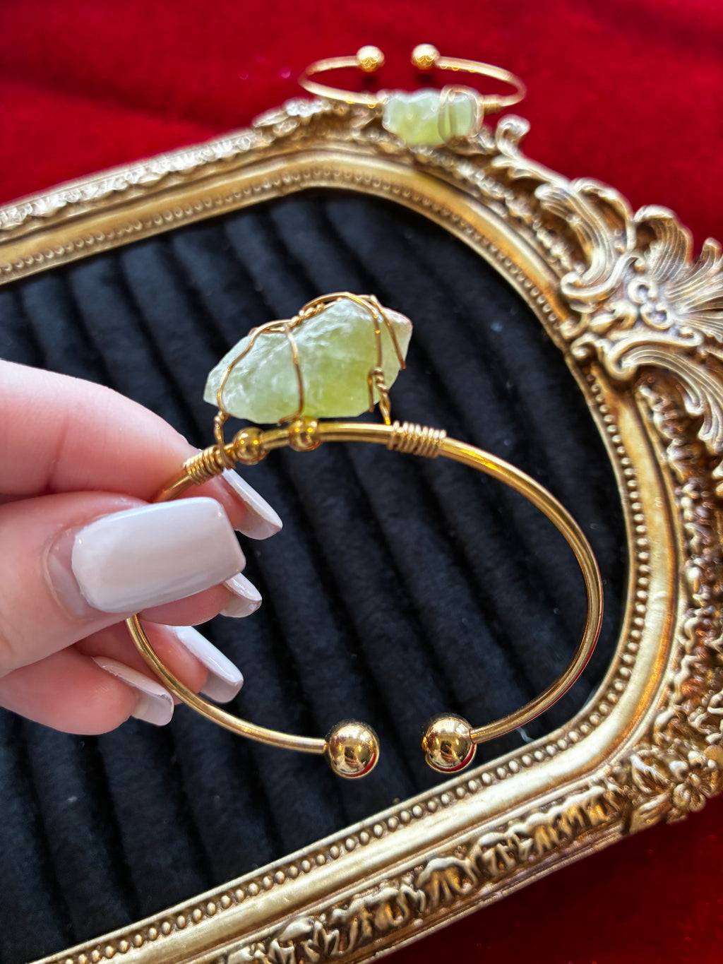 Raw Green Calcite Bracelet – Natural Lime Green Crystal Cuff – Gold Stainless Steel Bangle – Renewal & Heart Healing Stone