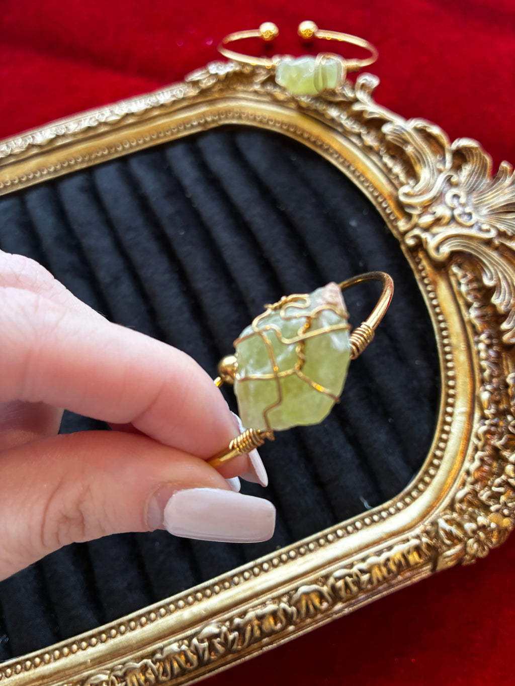 Raw Green Calcite Bracelet – Natural Lime Green Crystal Cuff – Gold Stainless Steel Bangle – Renewal & Heart Healing Stone