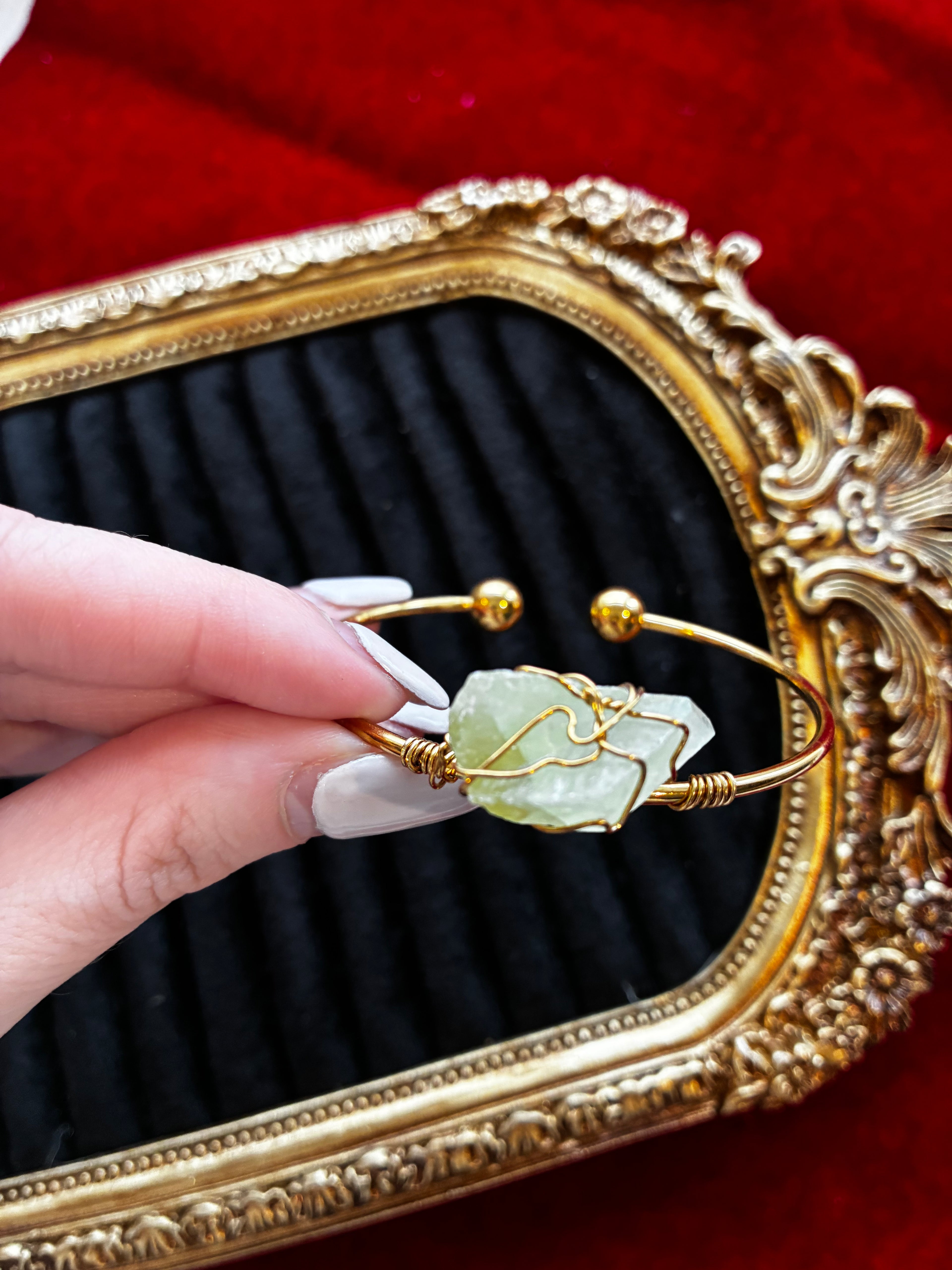 Raw Green Calcite Bracelet – Natural Lime Green Crystal Cuff – Gold Stainless Steel Bangle – Renewal & Heart Healing Stone