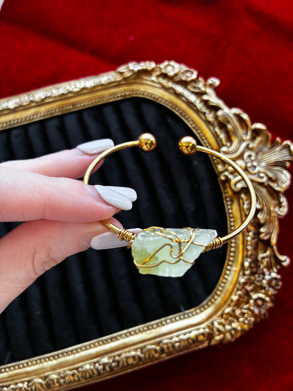 Raw Green Calcite Bracelet – Natural Lime Green Crystal Cuff – Gold Stainless Steel Bangle – Renewal & Heart Healing Stone